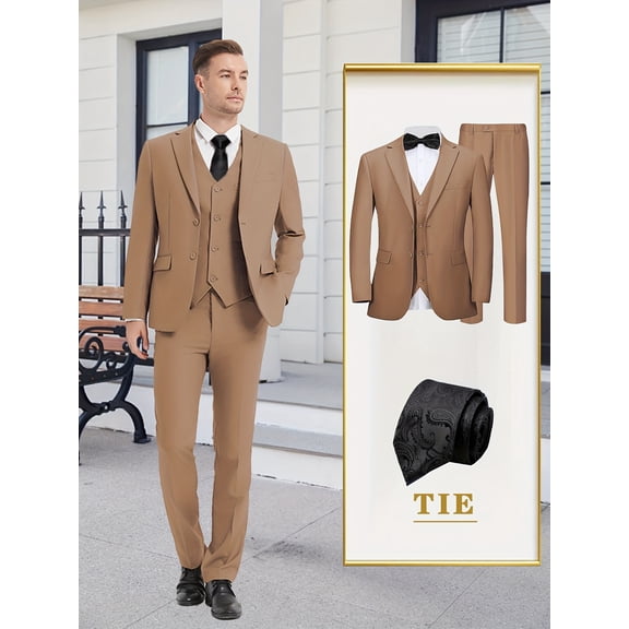 Beauty-Emily Men's 4-Piece Suit Set with Jacket, Vest, Pants & Black Tie – V-Neck Design, Tailored Fit, Wedding, Party & Business Wear