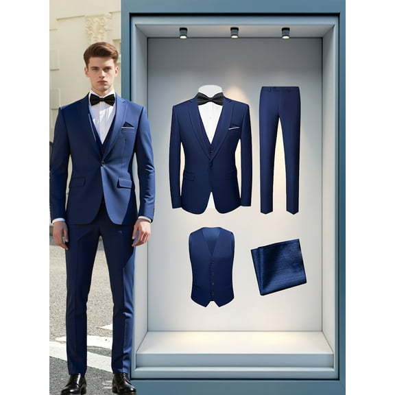 Beauty-Emily Men's 4-Piece Tuxedo Suit with Blazer, Vest, Pants & Kerchief – One Button, Lapel Collar, Flap Pocket, Wedding, Business, Party & Formal Wear