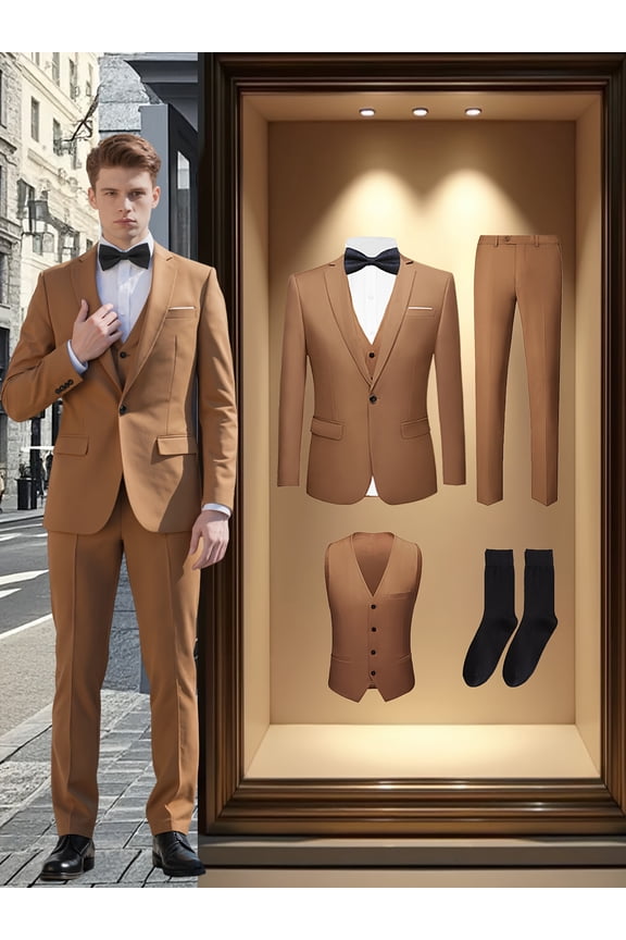 Men's 4-Piece Tuxedo Suit with Jacket, Vest, Pants & Socks – Lapel Collar, One Button, Flap Pocket, Wedding, Party, Business & Formal Wear