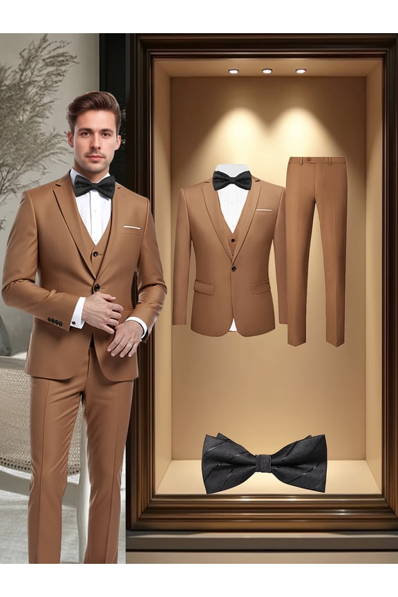 Men's 4-Piece Tuxedo Suit with Blazer, Vest, Pants & Necktie – Lapel Collar, One Button, Flap Pocket, Wedding, Business & Formal Wear