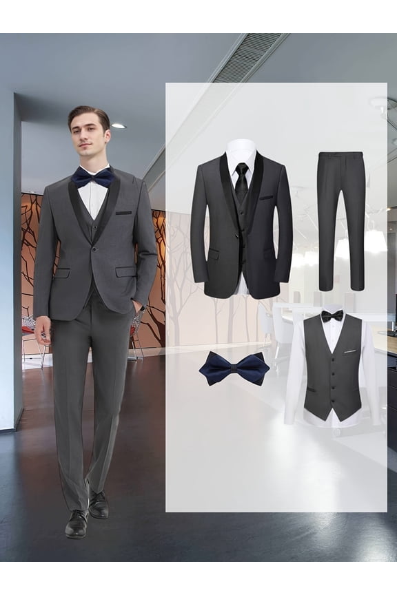 Men's 4-Piece Tuxedo Suit with Blazer, Vest, Pants & Tie – Shawl Collar, One Button, Wedding, Party, Business & Formal Wear