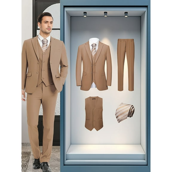 Beauty-Emily Men's 4-Piece Tuxedo Suit with Jacket, Vest, Pants & Tie – Lapel Collar, Solid Color, Wedding, Business, Party & Formal Wear