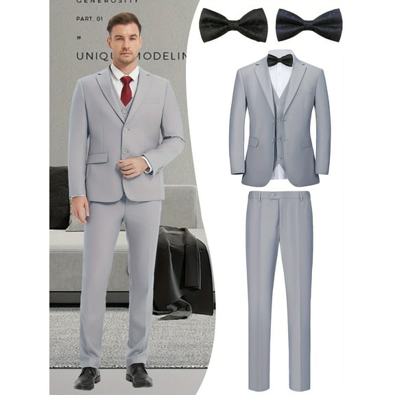 Beauty-Emily Men's 5-Piece Formal Suit Set, Jacket, Vest, Pants, Black Bow Tie, Blue Bow Tie, V-Neck, for Wedding, Business, Prom, Party, Banquet, Formal Events