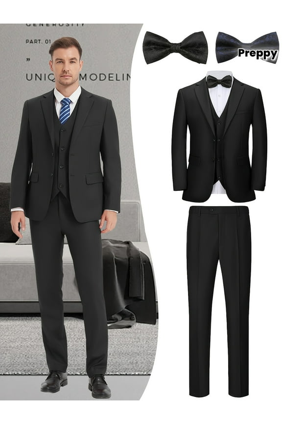 Men's 5-Piece Formal Suit Set, Jacket, Vest, Pants, Black Bow Tie, Blue Bow Tie, V-Neck, for Wedding, Business, Prom, Party, Banquet, Formal Events