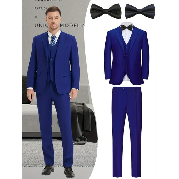 Beauty-Emily Men's 5-Piece Formal Suit Set, Jacket, Vest, Pants, Black Bow Tie, Blue Bow Tie, V-Neck, for Wedding, Business, Prom, Party, Banquet, Formal Events