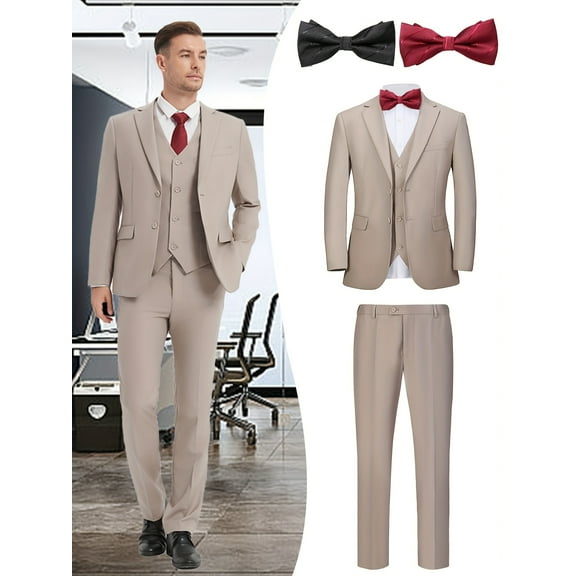 Beauty-Emily Men's 5-Piece Formal Suit Set, Jacket, Vest, Pants, Red Bow Tie, Black Bow Tie, for Wedding, Business, Party, Banquet, Prom, Formal Events, Graduation