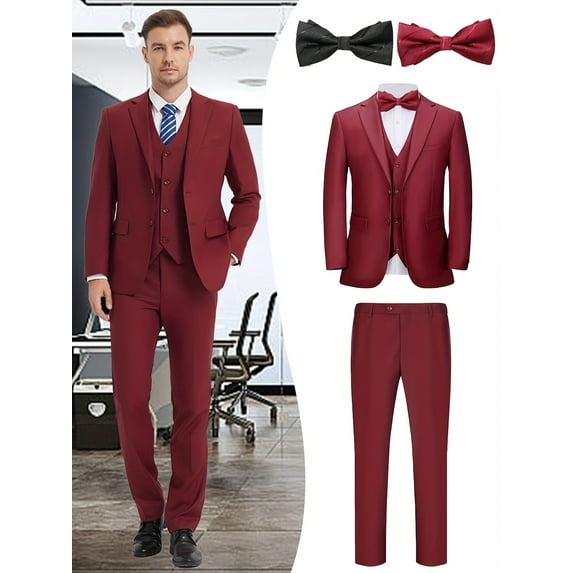 Beauty-Emily Men's 5-Piece Formal Suit Set, Jacket, Vest, Pants, Red Bow Tie, Black Bow Tie, for Wedding, Business, Party, Banquet, Prom, Formal Events, Graduation