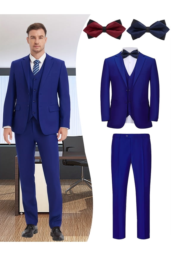 Men's 5-Piece Formal Suit Set, Jacket, Vest, Pants, Red Bow Tie, Blue Bow Tie, V-Neck, for Wedding, Business, Party, Banquet, Prom, Formal Events, Graduation