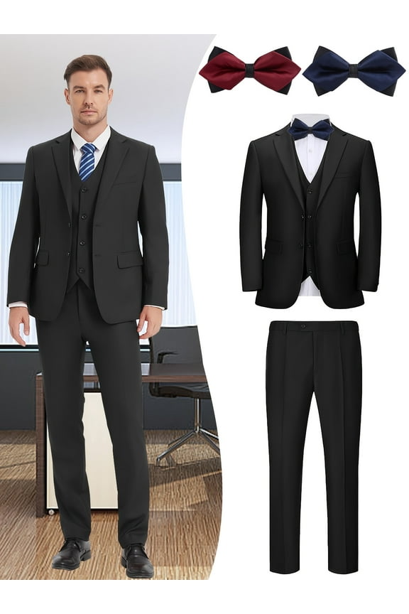 Men's 5-Piece Formal Suit Set, Jacket, Vest, Pants, Red Bow Tie, Blue Bow Tie, V-Neck, for Wedding, Business, Party, Banquet, Prom, Formal Events, Graduation