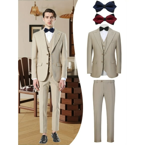 Beauty-Emily Men's 5-Piece Striped Formal Suit Set, Jacket, Vest, Pants, Blue Bow Tie, Red Bow Tie, for Wedding, Business, Party, Banquet, Prom, Formal Events, Graduation