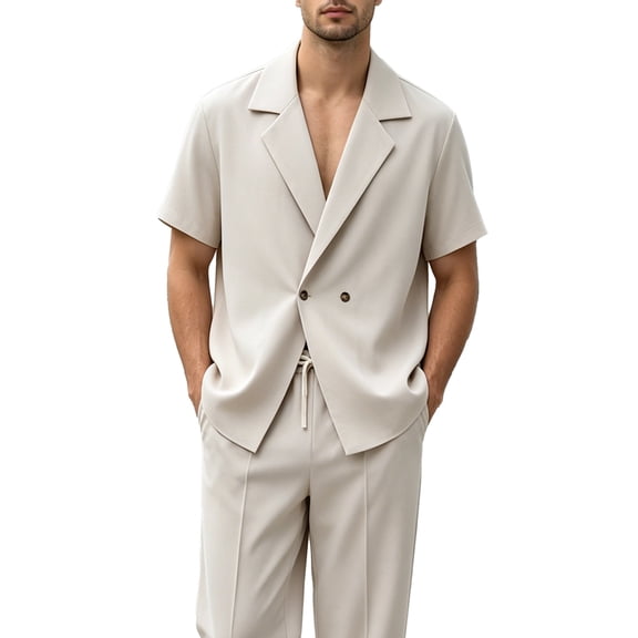 Beauty-Emily Men's Casual Double-Breasted Short Sleeve Suit Set – Relaxed Fit Blazer & Drawstring Pants, Comfortable Lounge Suit for Home, Vacation & Casual Outings