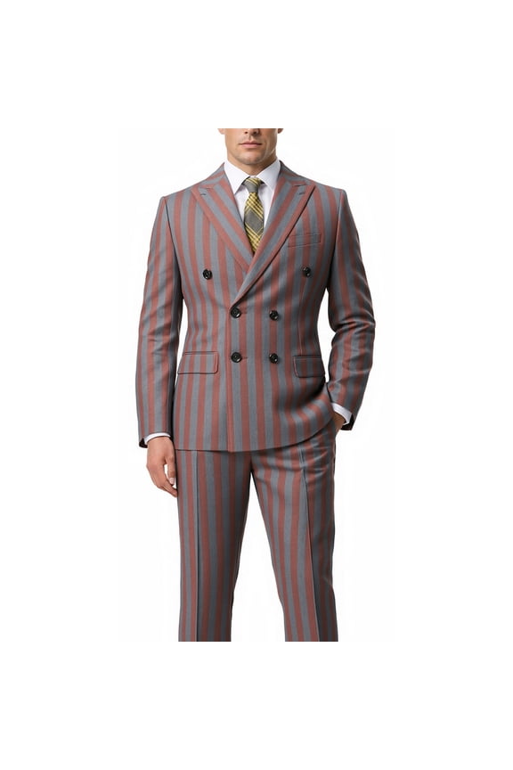 Men’s Double Breasted Striped Suit Set, Slim Fit Peak Lapel Blazer and Pants 2-Piece Formal Outfit for Wedding, Prom, Business and Party