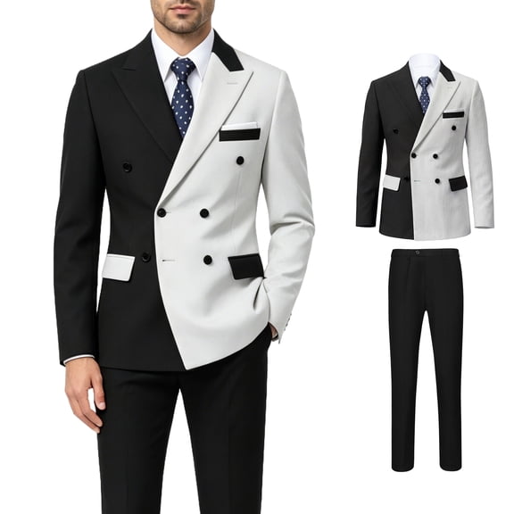 Beauty-Emily Men's Double Breasted Suit Set, Color Block Slim Fit Formal Wear