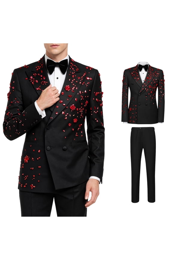 Men's Double Breasted Suit Set, Gold Foil Metallic Print for Wedding Prom Party
