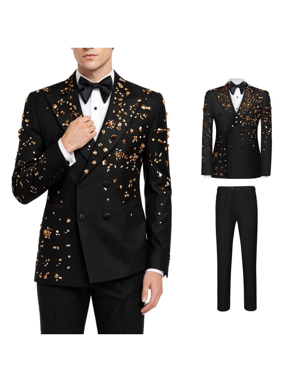 Men's Double Breasted Suit Set, Gold Foil Metallic Print for Wedding Prom Party