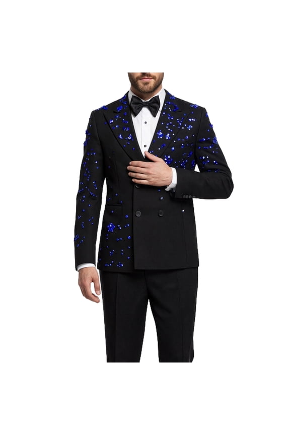 Men's Gold Foil Print Double-Breasted Suit Set – Slim Fit Two-Piece Blazer & Pants, Luxury Metallic Accent Formal Suit for Party, Wedding & Prom