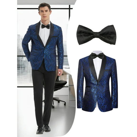 Beauty-Emily Men's Luxury Jacquard Blazer with Black Tie – Single-Button Shawl Collar, Long Sleeve, Wedding, Party & Dinner Wear