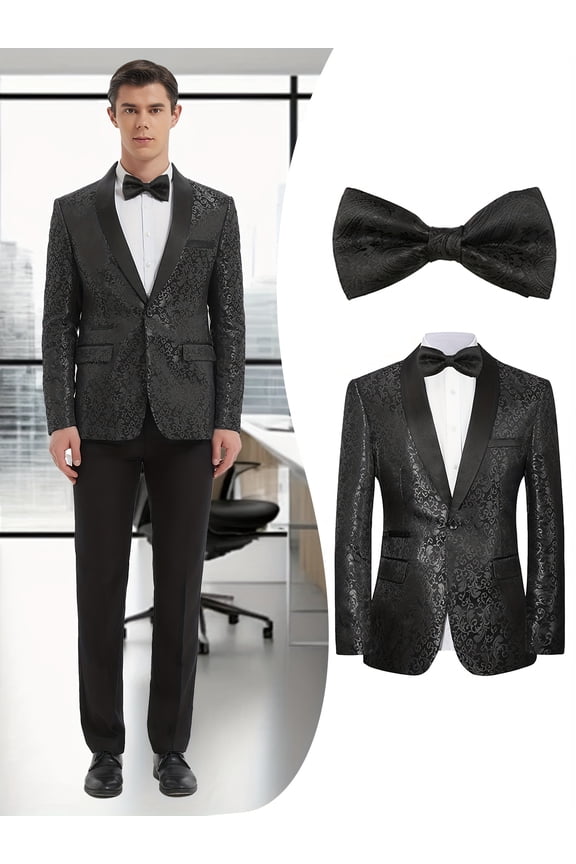 Men's Luxury Jacquard Blazer with Black Tie – Single-Button Shawl Collar, Long Sleeve, Wedding, Party & Dinner Wear