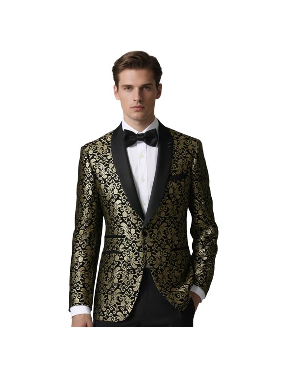 Men’s Luxury Jacquard Blazer with Satin Shawl Collar, Single-Button Formal Jacket for Weddings, Parties & Dinner Events