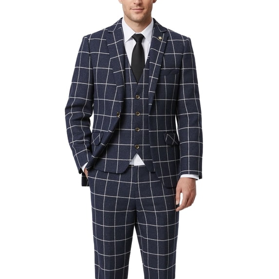 Beauty-Emily Men's Plaid Suit Set, 3 Pcs Single Breasted Peak Lapel Blazer Vest & Pants, Slim Fit Formal Wear for Wedding, Prom & Party