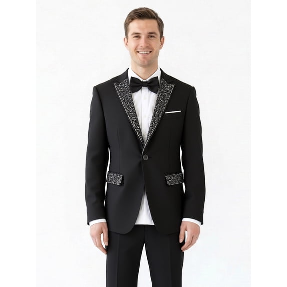 Beauty-Emily Men's Rhinestone Peak Lapel Blazer – One-Button Luxury Tuxedo Jacket for Wedding, Prom & Party