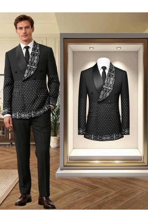 Men's Rhinestone Tuxedo Suit – Double-Breasted Slim Fit Blazer & Pants Set, Luxury Formal Suit for Wedding, Prom, Party & Celebration