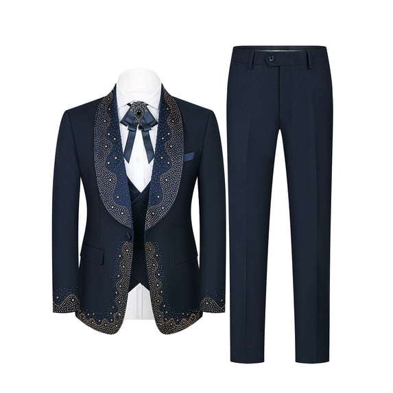 Beauty-Emily Men’s Rhinestone Tuxedo Suit – Shawl Lapel Blazer & Pants Set, Slim Fit Formal Outfit for Wedding, Prom, Party & Stage Wear