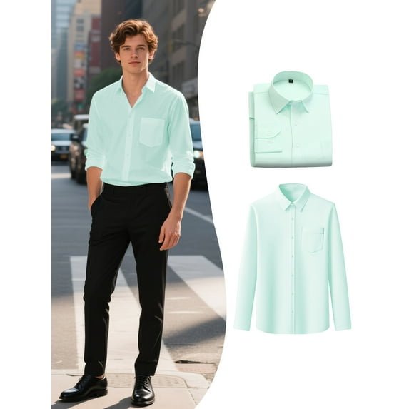 Beauty-Emily Men's Slim-Fit Long Sleeve Shirt, Breathable, Solid Color V-Neck, for Work, Casual, Business, Office, Spring Summer Wear, Easy Care