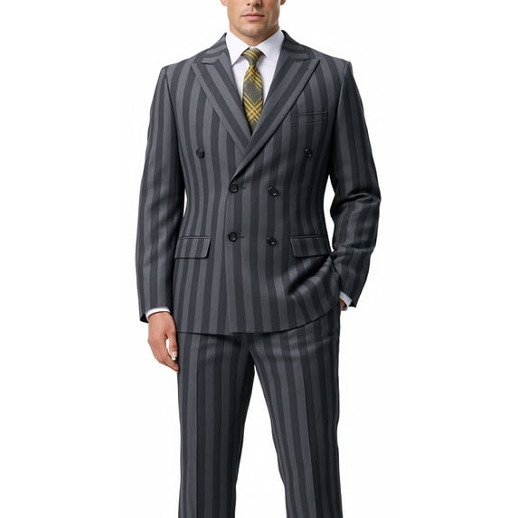 Beauty-Emily Men's Striped Double-Breasted Suit Set – Slim Fit 2-Piece Blazer & Pants, Bold Vertical Stripe Formal Suit for Party, Prom & Business