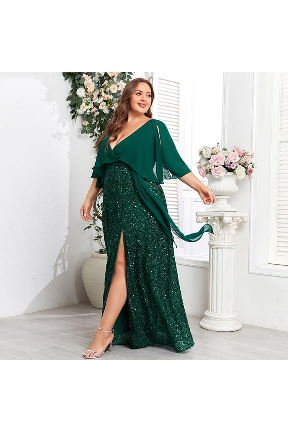 Plus Size Deep V Chiffon Cape Sleeve Sequin Maxi Evening Dress, Wrap Waist Sash High Slit Floor Length Formal Gown for Wedding Guest, Gala, Prom