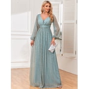 Beauty-Emily Plus Size Glitter Sequin Maxi Evening Dress, Women Deep V Neck Long Puff Sleeve Empire Waist Flowy Formal Floor Length Gown for Wedding Guest, Gala, Prom & Party Occasions