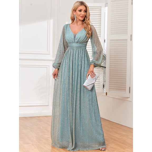 Beauty-Emily Plus Size Glitter Sequin Maxi Evening Dress, Women Deep V Neck Long Puff Sleeve Empire Waist Flowy Formal Floor Length Gown for Wedding Guest, Gala, Prom & Party Occasions