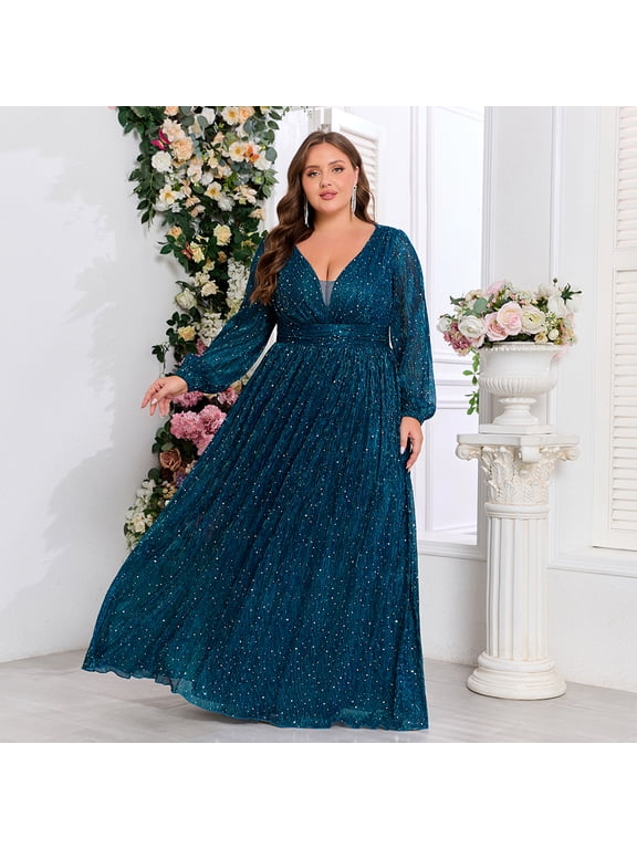 Plus Size Glitter Sequin Maxi Evening Dress, Women Deep V Neck Long Puff Sleeve Empire Waist Flowy Formal Floor Length Gown for Wedding Guest, Gala, Prom & Party Occasions