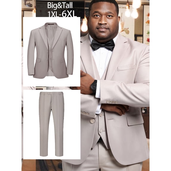 Beauty-Emily Plus Size Men’s 3 Piece Suit Set – Blazer, Vest & Dress Pants, Two Button Lapel Business Formal Suit for Wedding, Office, Interview & Daily Wear