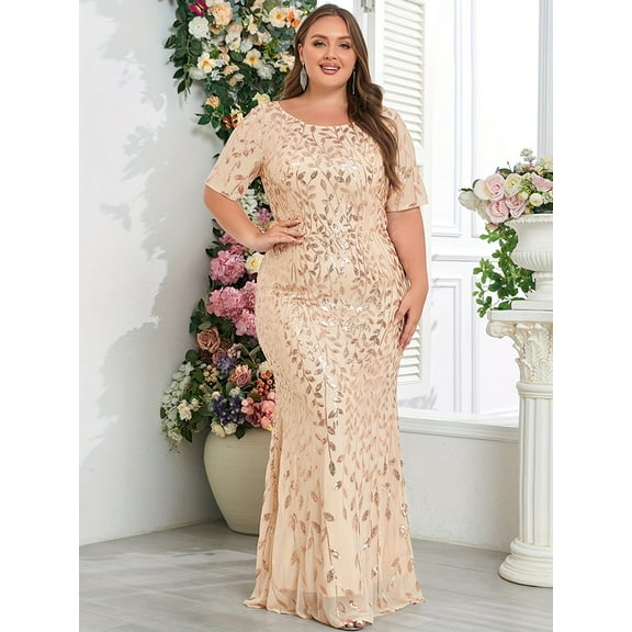 Beauty-Emily Plus Size Women's Elegant Bodycon Maxi Dress with Sequin Leaf Embroidery, Round Neck, Half Sleeves, Floor-Length, Non-Stretch Fabric, High-Quality Stitching, Formal Gown for Wedding