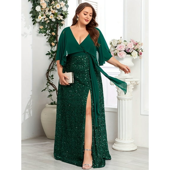 Beauty-Emily Plus Size Women's Elegant V-Neck Maxi Dress with Cape Sleeves, Side Slit, Belt, Solid Color, Non-Stretch Polyester Long Gown for Wedding, Bridesmaid, Prom, Cocktail, Evening, Formal Even