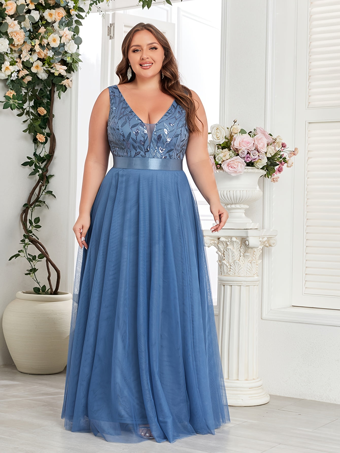 Beauty-Emily Plus Size Women's Elegant V-Neck Sequin Embroidered Sleeveless  Maxi Dress, Contrast Mesh, Non-Stretch Polyester, Regular Fit, Trapeze ...