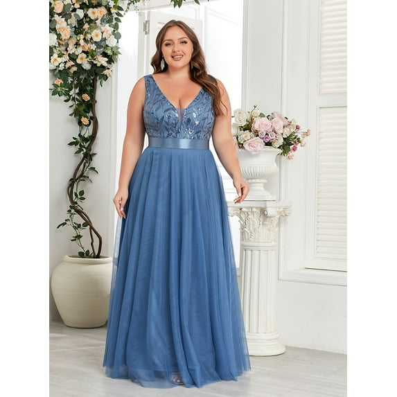 Beauty-Emily Plus Size Women's Elegant V-Neck Sequin Embroidered Sleeveless Maxi Dress, Contrast Mesh, Non-Stretch Polyester, Regular Fit, Trapeze Hem, for Wedding, Bridesmaid, Prom, Evening, Formal