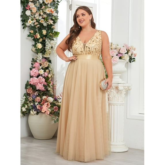 Beauty-Emily Plus Size Women's Elegant V-Neck Sequin Embroidered Sleeveless Maxi Dress, Contrast Mesh, Non-Stretch Polyester, Regular Fit, Trapeze Hem, for Wedding, Bridesmaid, Prom, Evening, Formal