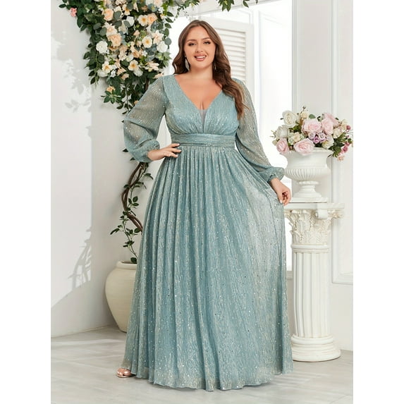 Beauty-Emily Plus Size Women's V-Neck Long Sleeve Sparkling Fairy Maxi Dress, Elegant Formal Gown for Wedding, Prom, Bridesmaid, Party