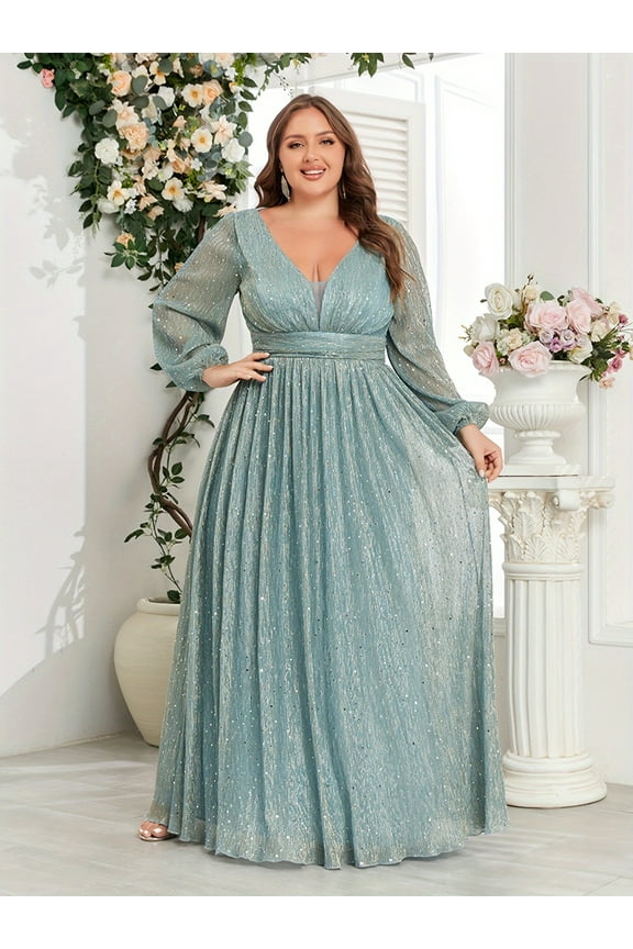 Plus Size Women's V-Neck Long Sleeve Sparkling Fairy Maxi Dress, Elegant Formal Gown for Wedding, Prom, Bridesmaid, Party