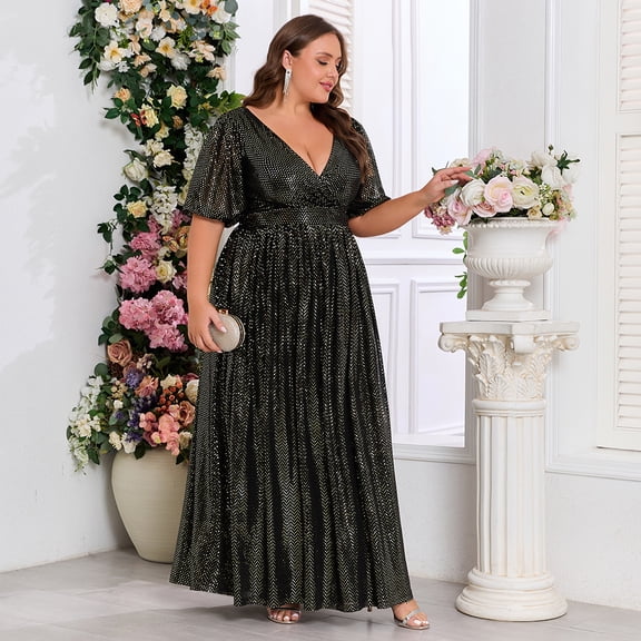 Beauty-Emily Plus‑Size Women’s V‑Neck Short Puff Sleeve Sequin Maxi Dress, A‑Line Flowy Formal Evening Gown for Wedding Guest, Prom and Gala