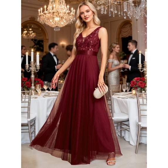 Beauty-Emily Spliced elastic waist sleeveless double V-neck evening dress tulle embroidered long elegant A-length party dress