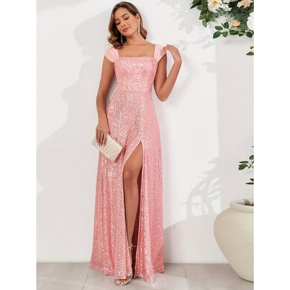 Beauty-Emily Women’s Glitter Square Neck A-Line Maxi Dress with Side Split, Elegant Evening Gown for Wedding, Party, Prom, Birthday & Formal Events