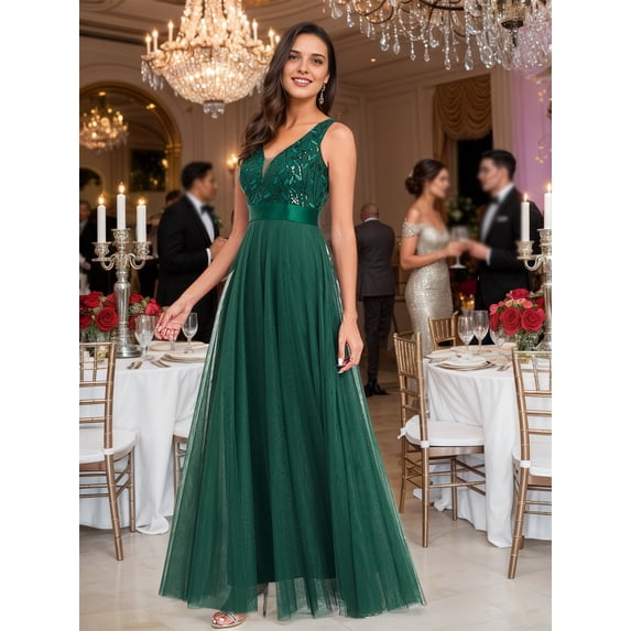 Beauty-Emily Women's V‑Neck Lace Sequin Tulle Maxi Bridesmaid Dress, Satin Waist Formal Long Evening Gown for Wedding Guest, Prom, Gala and Party Events