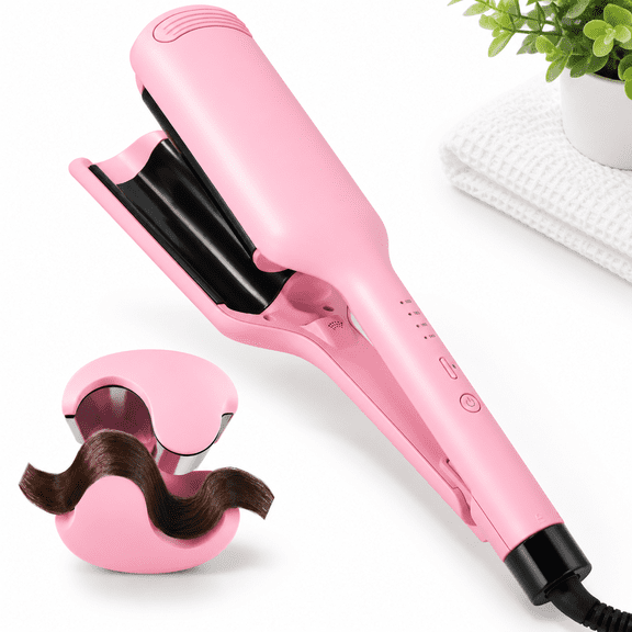 Beauty Hair Waver - Double Crimper Beach Waves Curling Iron Babe X Adjustable Temperature Curler Styling Tools 1.25" Pink