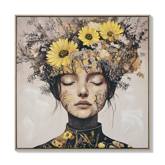 Beauty Lady Wall Art 24x24 Gold White Floral Canvas Print With Hand Painted Gold, 1-Pack