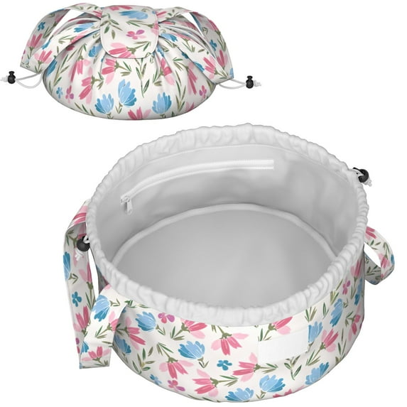 Beauty Lay Flat Makeup Bag - Large Floral Drawstring Travel Cosmetic Organizer, Lightweight Toiletry Bag with Zipper Pocket & Mesh Compartment, Storage Case Shower Bag for Women & Men Pratictal Gift