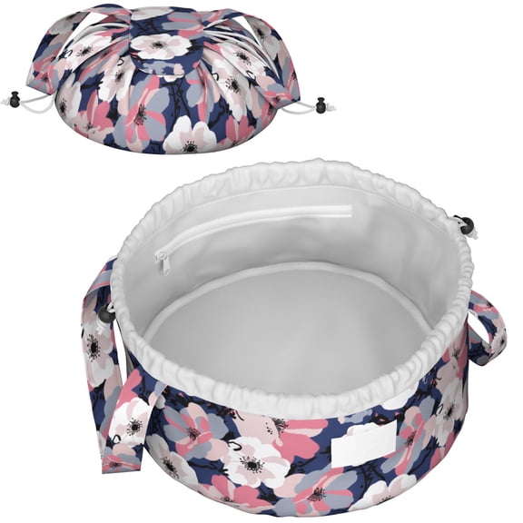 Beauty Lay Flat Makeup Bag - Large Floral Drawstring Travel Cosmetic Organizer, Lightweight Toiletry Bag with Zipper Pocket & Mesh Compartment, Storage Case Shower Bag for Women & Men Pratictal Gift
