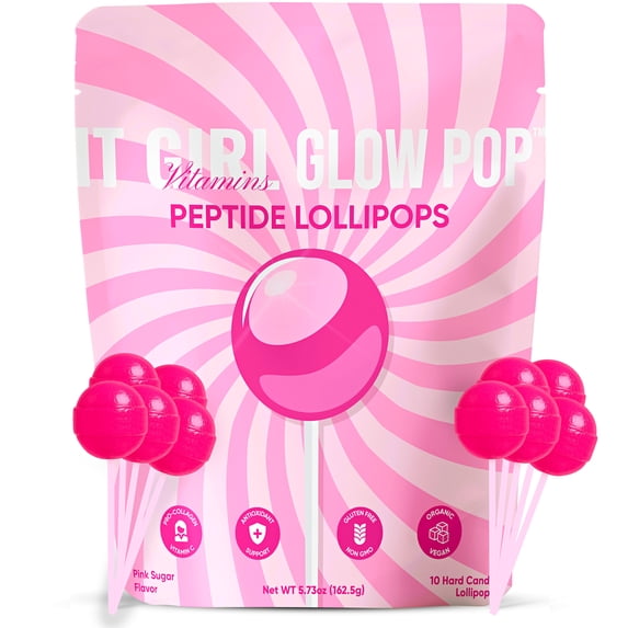 It Girl Vitamins Glow Pop Collagen Lollipops, 7000mg Collagen, Vitamin C & Hyaluronic Acid, Gluten-Free Beauty Candy for Hair, Skin & Nails, Pink Sugar, 10 Ct